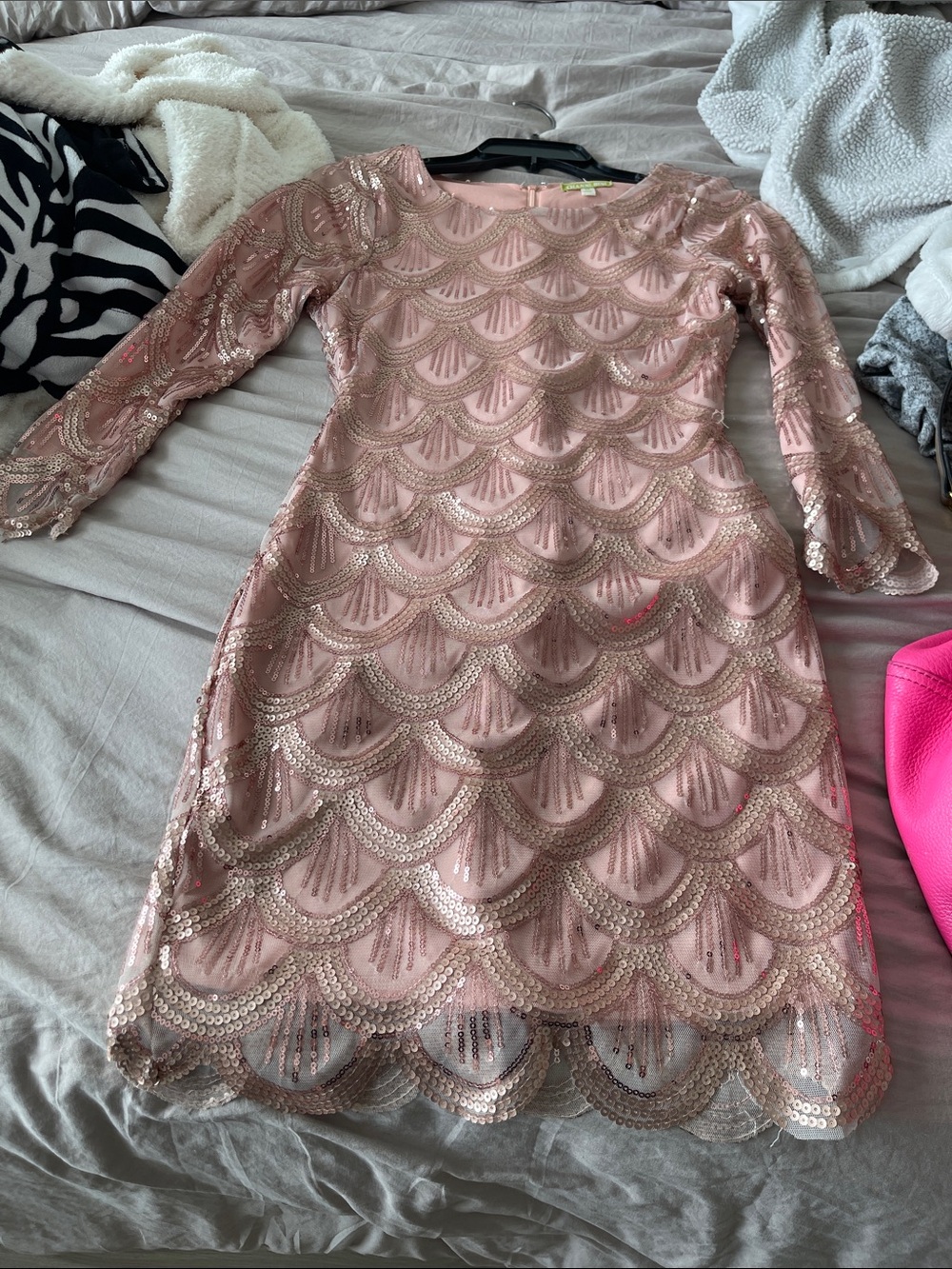 Sequin Scallop Sheath Dress in Blush Pink - Long Sleeve